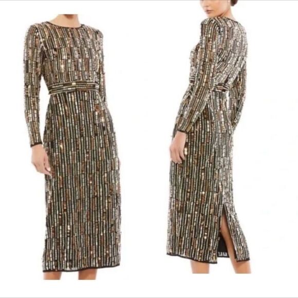 Mac Duggal 93590 Embellished High Neck Long Sleeve Midi Dress| Size 8 - Picture 1 of 12